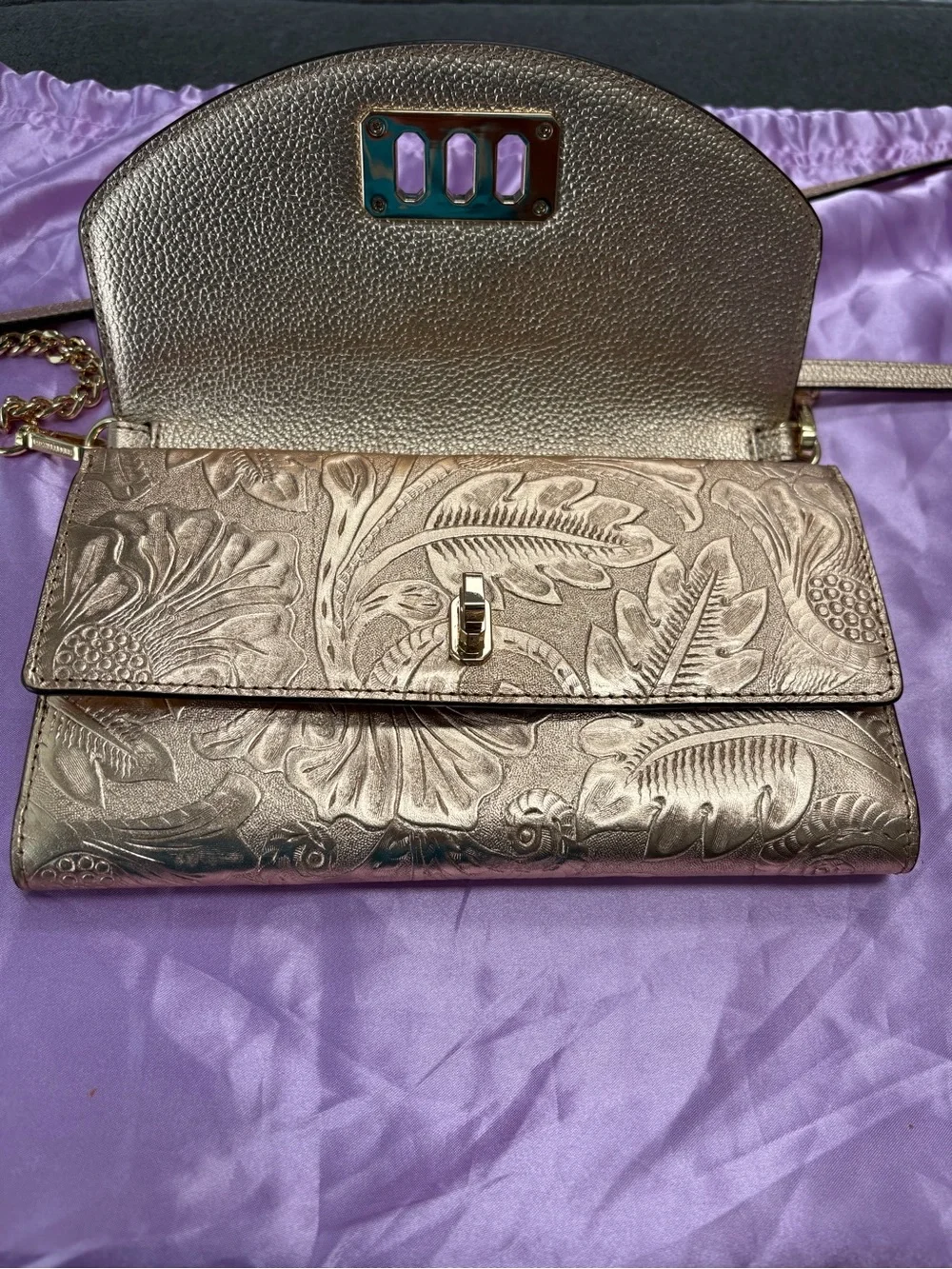 Michael Kors Metallic Leather Embossed Floral Crossbody - Rose Gold